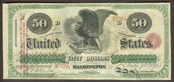 Fr.0212d, 1865 $50 Interest Bearing Note, VF     Sold